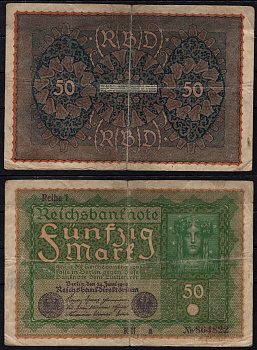 Германия 50 марок 1919 Pick 66 бумага 6293-9-3-2