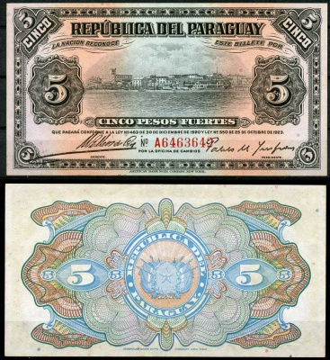Парагвай 5 песо 1923 Асунсьон, Oficina de Cambios, Mariano B. Moreschi & Pablo M. Insfran Pick 149 a (3)  бумага  aUNC 000-00-00