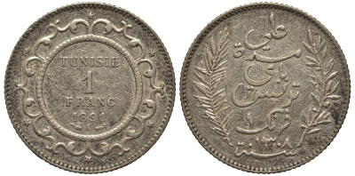 Тунис 1 франк 1891 AH 1308, Али III ибн аль-Хусейн KM 224 серебро 4523-725