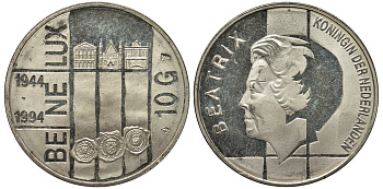 Нидерланды 10 гульденов 1994 50 лет Бе-Ни-Люкс, три здания парламентов KM 216 серебро 443-1021