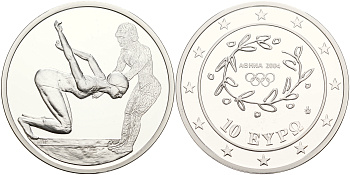 Греция 10 евро 2003 XXVIII летние Олимпийские игры 2004 года в Афинах, плавание KM 200 серебро PROOF 1066-3-14