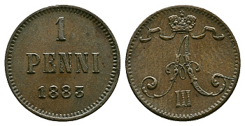 РОССИЯ ДЛЯ ФИНЛЯНДИИ 1 ПЕННИ 1883 АЛЕКСАНДР III KM 10, Биткин 251 медь 4383-437