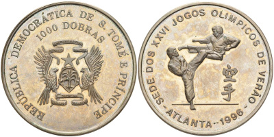 Сан-Томе и Принсипи 1000 добра 1996 XXVI Олимпийские игры 1996 года в Атланте, карате KM 58 медно-никель PROOF 00-00