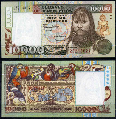Колумбия 10000 песо 1992 El Banco de la Republica, 12 октября 1992, женщина Эмбера, карта земного нара 1507 года, птицы Pick 437 бумага UNC (пресс) 451-542-1