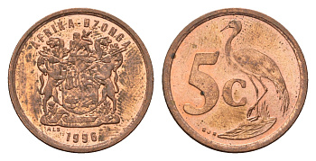 ЮАР 5 центов 1996 герб, райский журавль KM 160 сталь плакированная медью UNC 4687-215