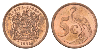 ЮАР 5 центов 1996 герб, райский журавль KM 160 сталь плакированная медью UNC 4687-215