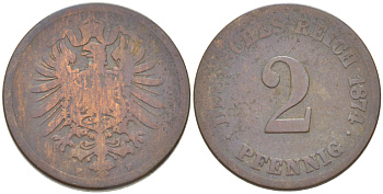 ГЕРМАНИЯ 2 ПФЕННИГА 1874 F, СТАРОГЕРБОВКА KM 2, J. 2, Weege 3 медь 4181-522