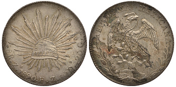 Мексика 8 реалов 1890 FZ, монетный двор Zs (Сакатекас), красивая золотисто-голубая патина KM 377.13 серебро 00-000-00