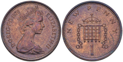 Великобритания 1 пенни 1976 Елизавета II (1952-2022) KM 915, Spink 4237 (B1) бронза 67-825