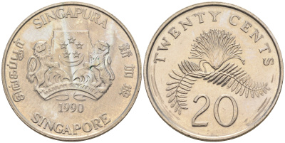 Сингапур 20 центов 1990 KM 52 медно-никель 4116-414