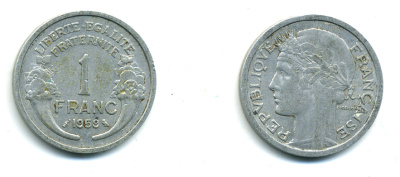 ФРАНЦИЯ 1 ФРАНК 1959 ТИП MORLON, LEGERE KM 885a.1, LE FRANC 221.23 алюминий 84-523
