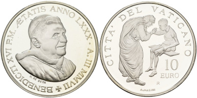 Ватикан 10 евро 2007 Бенедикт XVI, Всемирный день миссионера, в оригинальной коробке, с сертификатом KM 401 серебро PROOF 7-1-42