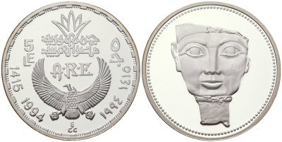 Египет 5 фунтов 1994 ритуальная маска царицы Хатшепсут KM 790 серебро  PROOF  11-163-21