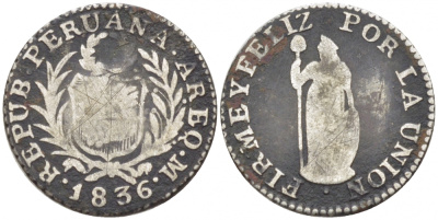 Перу 1/2 реала 1836 М, год тип KM 144.4 серебро 1517-721
