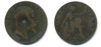 Великобритания 1 пенни 1910 Эдуард VII (1901-1910) KM 794.2, Spink 3990 бронза 4110-113