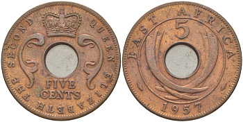 БРИТАНСКАЯ ВОСТОЧНАЯ АФРИКА 5 ЦЕНТОВ 1957 ЕЛИЗАВЕТА II (1952-) KM 37 бронза 94-1243