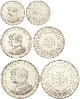 Португалия полный набор из 3 монет (200, 500 и 1000 реалов) 1898 400 лет Открытию Индии KM 537, 538 и 539 серебро aUNC 1530-1141-1143