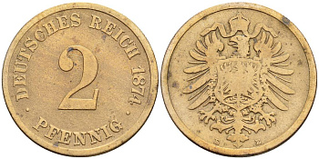ГЕРМАНИЯ 2 ПФЕННИГА 1874 E, СТАРОГЕРБОВКА, РЕДКАЯ KM 2, Jager 2, Weege 3 медь 4546-535