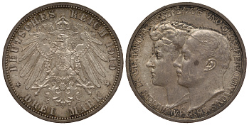 Саксен-Веймар-Эйзенах 3 марки 1910 A, на вторую свадьбу Вильгельма Эрнста и Феодоры Weege 158, J. 162, KM 176 серебро UNC 00-814-36