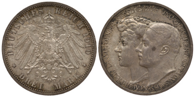 Саксен-Веймар-Эйзенах 3 марки 1910 A, на вторую свадьбу Вильгельма Эрнста и Феодоры Weege 158, J. 162, KM 176 серебро UNC 00-814-36