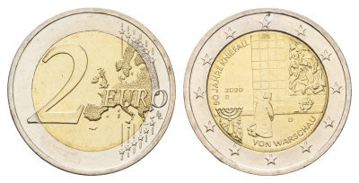 Германия 2 евро 2020 D, 50 лет коленопреклонению в Варшаве KM 388 биметалл UNC 68-841
