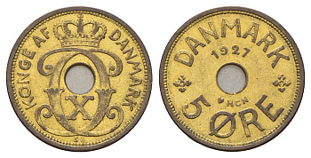 Дания 5 эре 1927 NCH, Кристиан X (1912-1947) KM 828 бронза 4700-755