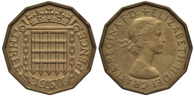 Великобритания 3 пенса 1960 Елизавета II (1952-2022) KM 900, Spink 4153 никель латунь 4538-1127