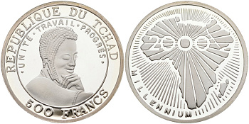 Чад 500 франков 2000 миллениум KM 17 серебро PROOF 04-317-22