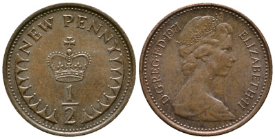 Великобритания 1/2 пенни 1971 Елизавета II (1952-2022) KM 914, Spink 4239 бронза 100-1262