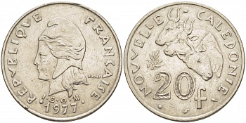 Французская Новая Каледония 20 франков 1977 коровы KM 12 никель 3457-514