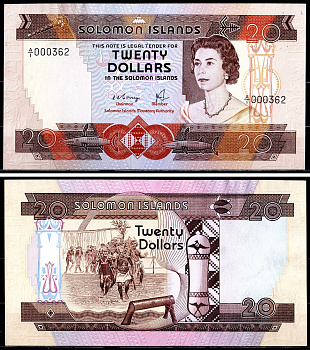 Соломоновы острова 20 долларов ND (1981) Pick 8 e бумага UNC (пресс) 451-706-1