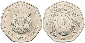 Уганда 5 шиллингов 1987 KM 29 сталь плакированная никелем aUNC 4611-557