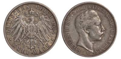 Пруссия 2 марки 1904 A, Вильгельм II (1888-1918) J.102, Weege 101, KM 522 серебро    413-513