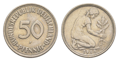 ФРГ 50 пфеннигов 1950 F KM 109, J. 384 медно-никель 4643-136