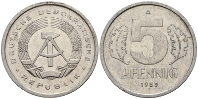 ГДР 5 пфеннигов 1983 A KM 9.2 алюминий 218-1255