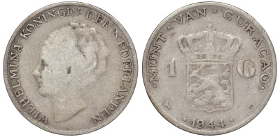 Нидерландское Кюрасао 1 гульден 1944 D, Вильгельмина (1890-1948) KM 45 серебро 36-516