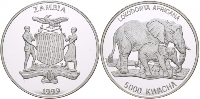 Замбия 5000 квача 1999 Африканские слоны KM 92 серебро PROOF 1068-1-31