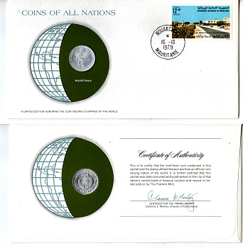 Мавритания 1/5 угии 1973 конверт с маркой первого дня гашения, Coins of Nations KM 1 алюминий UNC 4294-54-3
