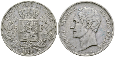 Бельгия 5 франков 1850 Леопольд I (1831-1865) KM 17 серебро    00-1067-9-33
