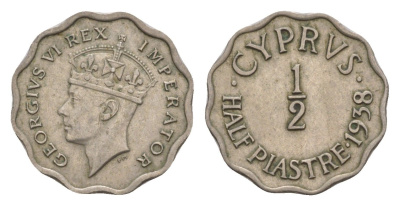 Кипр 1/2 пиастра 1938 Георг VI (1936-1952), год-тип KM 22 медно-никель 413-1025