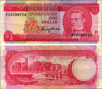БАРБАДОС 1 ДОЛЛАР 1973 САМУЭЛЬ ДЖЕКМЕН ПРЕСКОД, TDLR, ТРАФАЛЬГАРСКАЯ ПЛОЩАДЬ В БРИДЖТАУНЕ Pick 29а бумага 8604-50-1-2