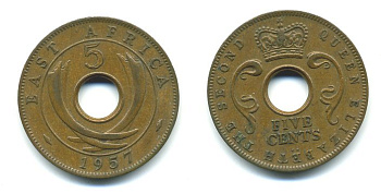 ВОСТОЧНАЯ АФРИКА 5 ЦЕНТОВ 1957 KM 37 бронза 04-447