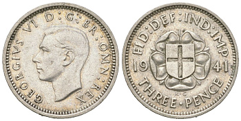 Великобритания 3 пенса 1941 Георг VI (1936-1952) KM 848, Spink 4085 серебро 4618-1027