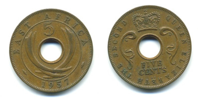 ВОСТОЧНАЯ АФРИКА 5 ЦЕНТОВ 1957 KM 37 бронза 04-447