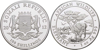Сомали 100 шиллингов 2012 серия охрана окружающей среды, африканские слоны, 1 унция KM NEW серебро PROOF 1076-7-51