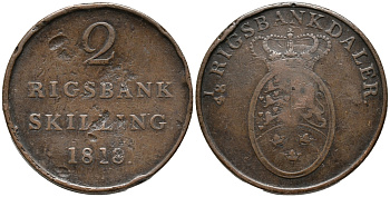 ДАНИЯ 2 РИГСБАНКСКИЛЛИНГА = 1/48 РИГСБАНКДАЛЕРА 1810 KM 689 (С102) медь 32-1042
