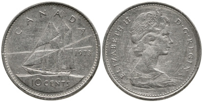 КАНАДА 10 ЦЕНТОВ 1973 ЕЛИЗАВЕТА II (1952-), ПАРУСНИК, ВТОРОЙ ПОРТРЕТ В КОРОНЕ KM 77.1 никель 4532-816