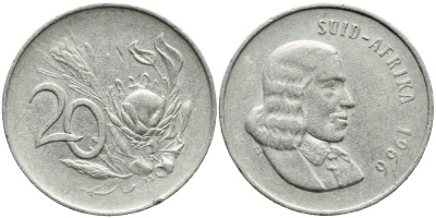 ЮАР 20 центов 1966 Ян ван Рибек (1619-1677), Suid Africa, легенда на африкаанс, цветок протея KM 69.2 никель 4681-1023