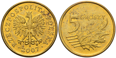 Польша 5 грошей 2007 MW KM 278, Parchimowicz 703n латунь 4580-562