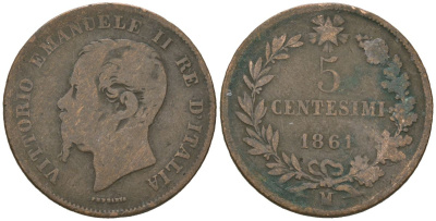 Италия 5 чентезимо 1861 M, Виктор Эммануил II (1861-1878) KM 3.2 бронза 113-225